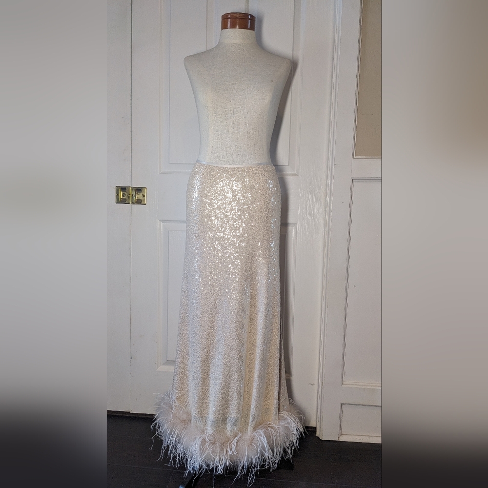 ANTONIO MELANI Ivory Sequin Maxi Skirt with Feather Hem
